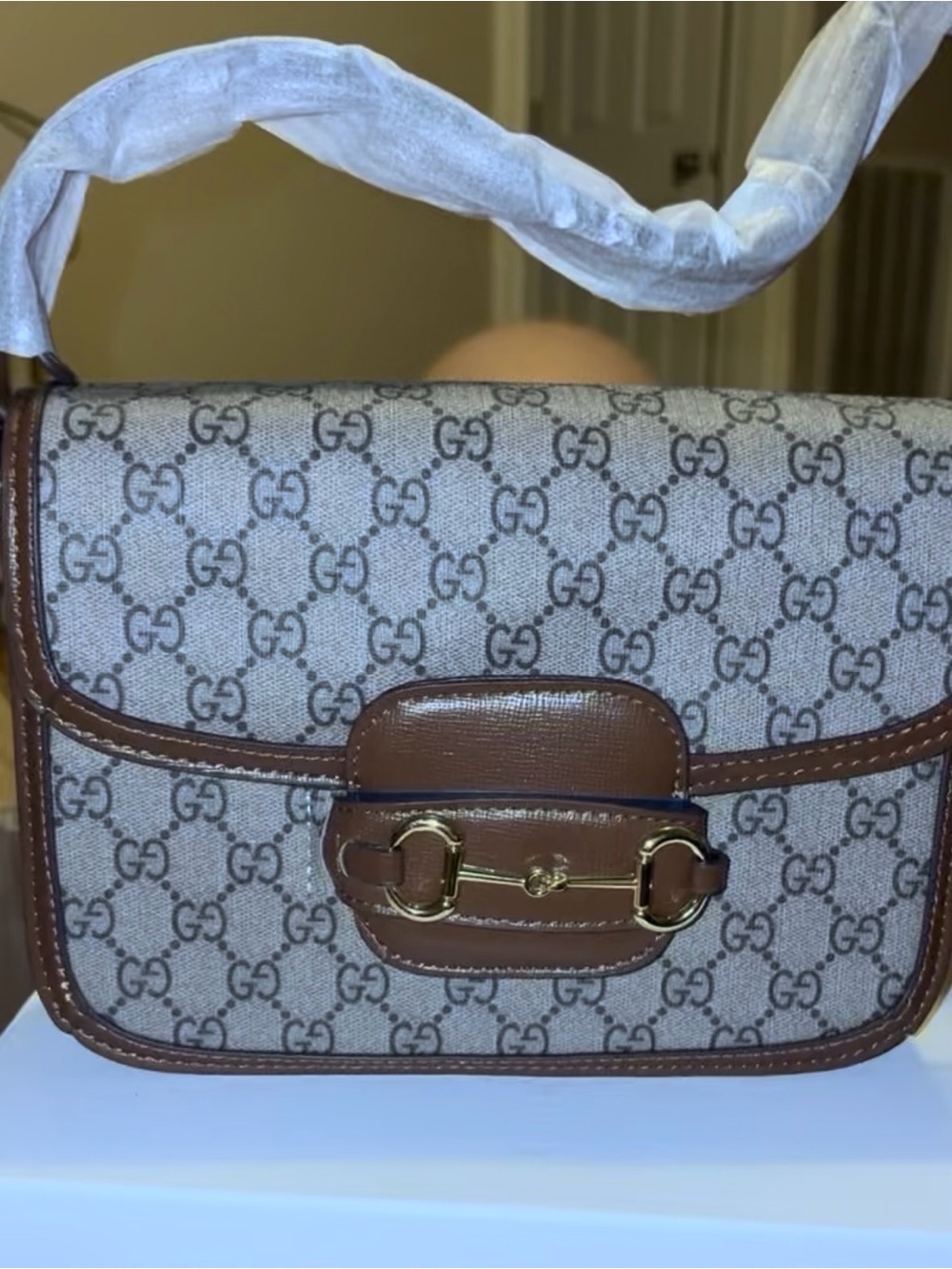 Gucci Brown GG Canvas Crossbody with Leather Trim and Horsebit Detail